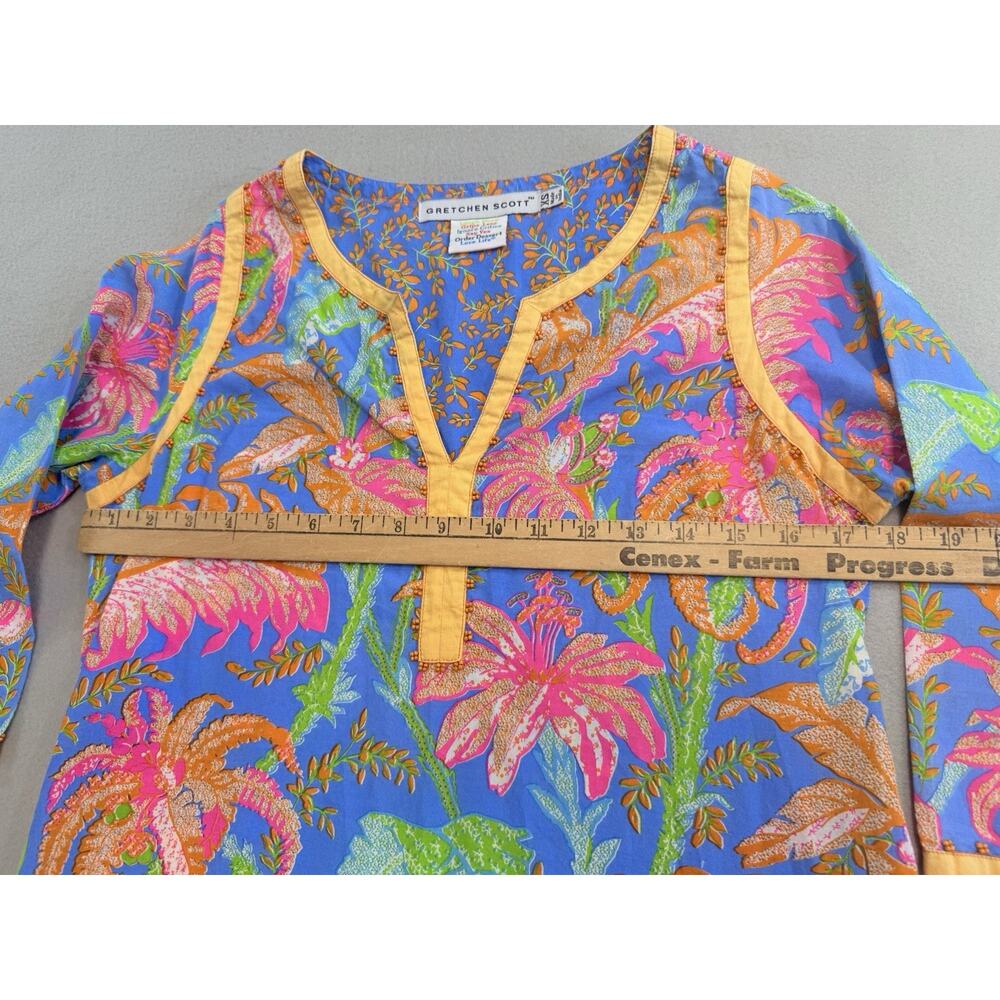 Gretchen Scott Womens XS Blue Orange Pink Tropical Floral Bead V-Neck Tunic Top - Picture 4 of 10